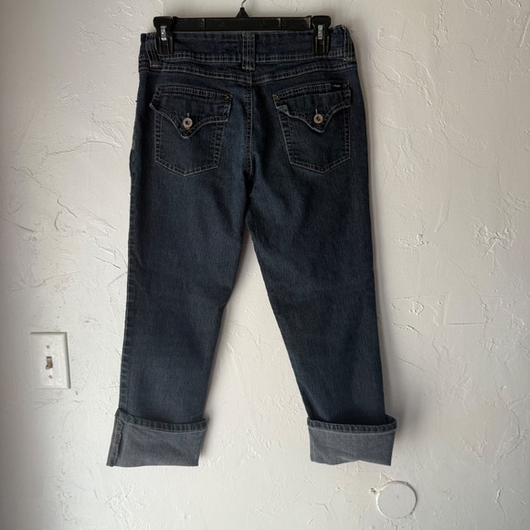 Angels Jeans Y2k Button Pockets Mid Rise Dark Wash Cuffed Capri Jeans Size 10 - Picture 7 of 9